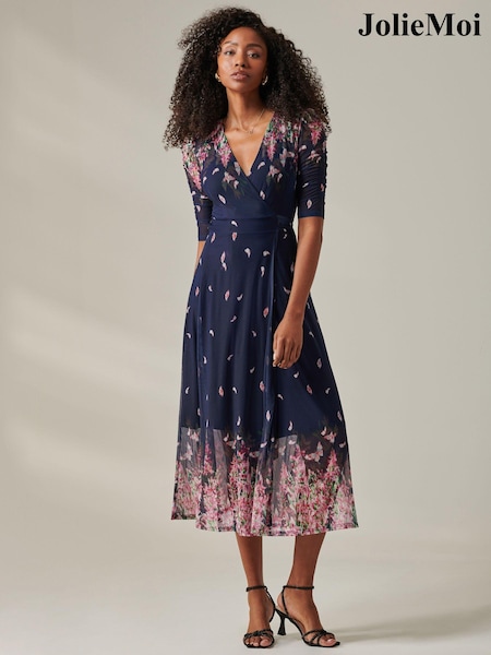 Jolie Moi Blue Stella Floral Print Wrap Mesh Maxi Dress (AU6839) | €60