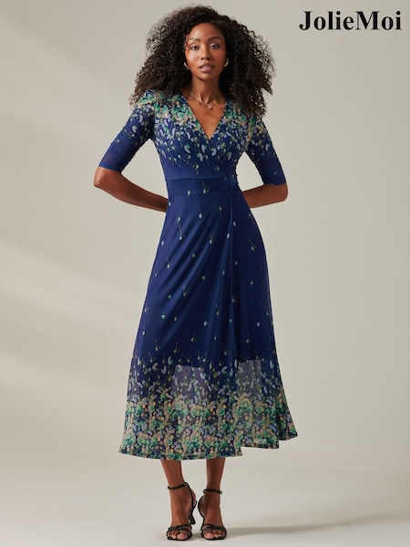 Jolie Moi Blue Stella Floral Print Wrap Mesh Maxi Dress (AU6841) | €113