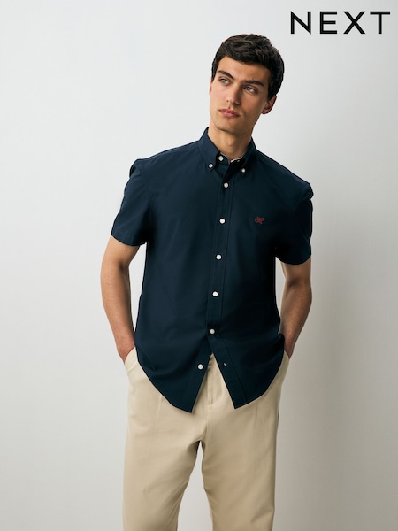 Navy Blue Slim Fit 100% Organic Cotton Oxford Short Sleeve Shirt (AU6905) | €28