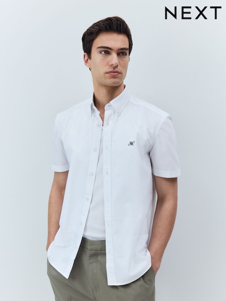 White Slim Fit 100% Organic Cotton Oxford Short Sleeve Shirt (AU6909) | €28