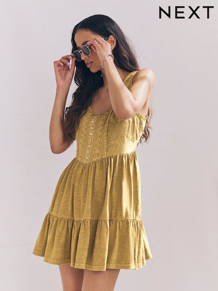 Ochre Yellow Embroidery Corset Waist Mini 100% Cotton Dress (AU6910) | €41