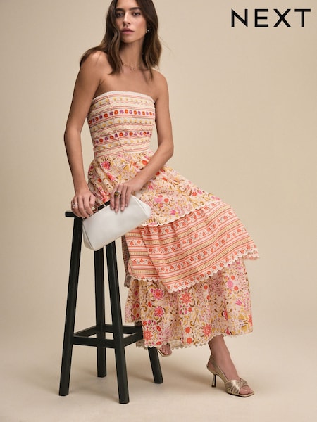 ורוד פרחוני - Print Occasion Bandeau Tiered Maxi Dress (AU6924) | ‏267‏₪