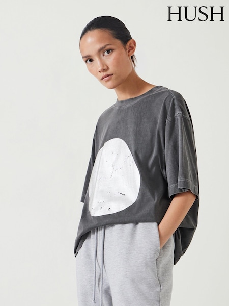 Hush Grey Metallic Print Oversized Graphic 100% Cotton T-Shirt (AU6966) | ₪201