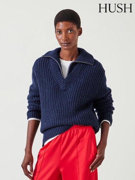 Hush Blue Ella Relaxed Zip V-Neck Jumper (AU7138) | €82