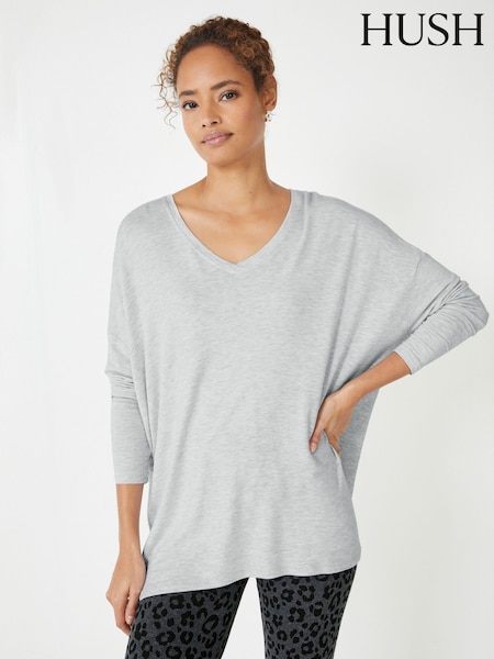Gri - Hush Gillian Wide Jersey V-Neck Top (AU7176) | 335 LEI