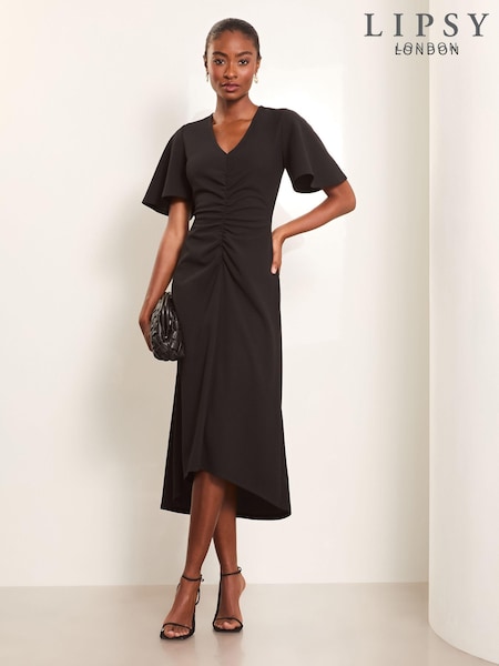 Lipsy Black Petite Short Sleeve V-Neck Ruched Midi Dress (AU7235) | 243 QAR
