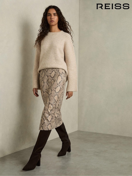 Reiss Neutral Missa Leather Snakeskin-Effect Pencil Skirt (AU7240) | €458