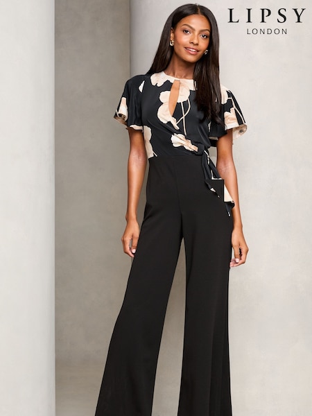 Negro - Lipsy Flutter Sleeve Tie Side Wide Leg Jumpsuit (AU7255) | 88 €
