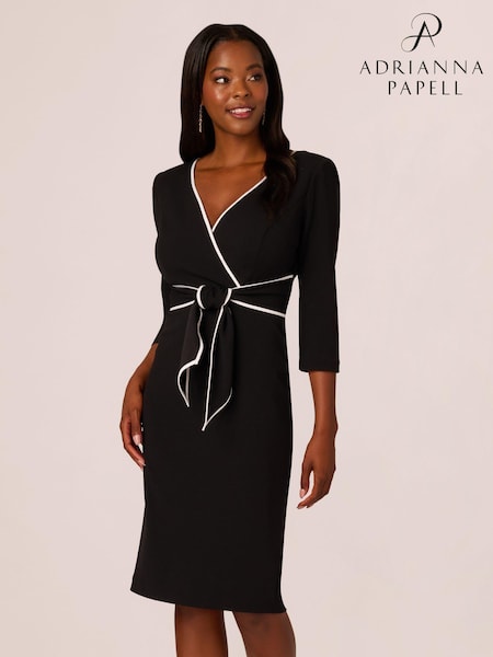 Adrianna Papell Piping Tie Front Midi Black Dress (AU7279) | 638 QAR