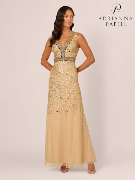 Adrianna Papell Gold Bead Metallic Long Dress (AU7289) | €321