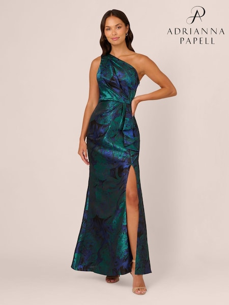 Adrianna Papell Blue One Shoulder Jacquard Dresses (AU7292) | 1,282 QAR