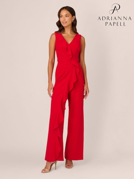 Adrianna Papell Red Ruffle Knit Crepe Jumpsuit (AU7294) | 933 LEI
