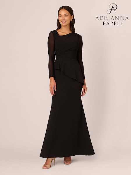 Adrianna Papell Knit Crepe Combo Mesh Black Gown (AU7300) | $348