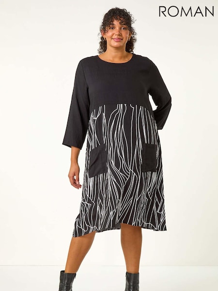 Roman Black Curve Abstract Print Pocket Smock Dress (AU7305) | €60