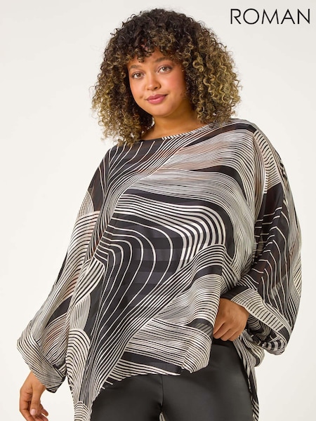 Roman Black Curve Mono Wave Print Woven Top (AU7327) | AED145