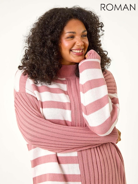 Roze - Roman Curve Contrast Stripe High Neck Jumper (AU7328) | € 61