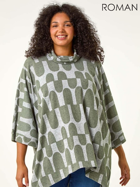 Roman Green Curve Geometric Print Roll Neck Top (AU7330) | 217 QAR