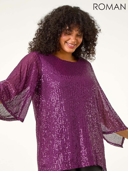 Roman Purple Curve Sheer Sleeve Sequin Top (AU7334) | €48