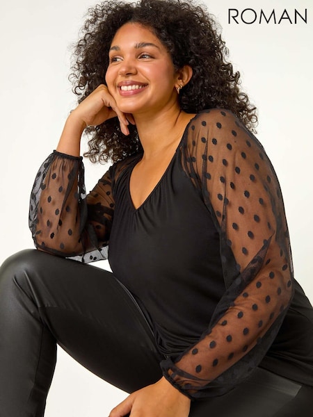 Roman Black Curve Mesh Spot Sleeve Top (AU7335) | €44
