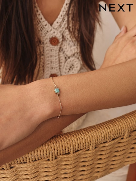 Gold Plated Sterling Silver Square Stone Ball Chain Bracelet (AU7420) | €31
