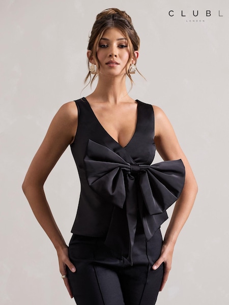 Club L London Adoration Satin Plunge-Neck Top With Bow (AU7589) | 271 LEI