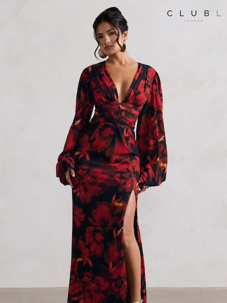 Club L London Black Casarile V-Neck Balloon Sleeve Maxi Dress (AU7591) | €184