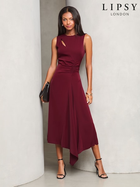 Lipsy Burgundy Red Petite Sleeveless Ruched Front Asymmetrical Midi Dress (AU7871) | $82