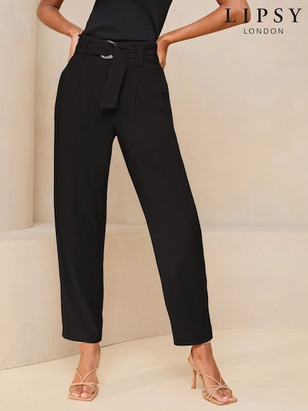 Lipsy Black Touch of Linen D-Ring Tapered Trousers (AU7890) | ₪211