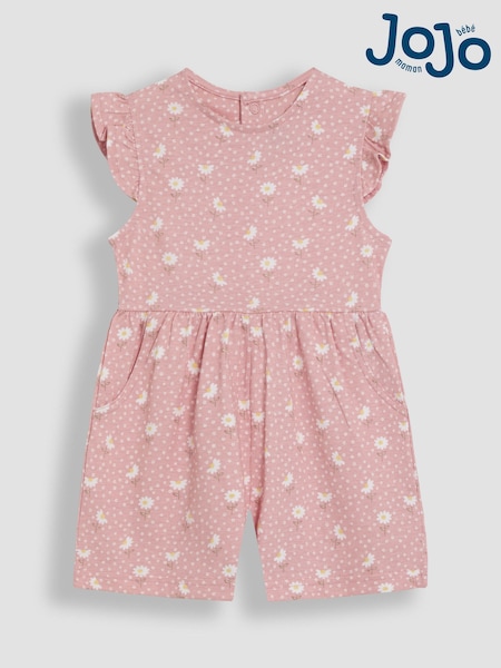 Vaaleanpunainen Daisy Kukallinen  - Jojo Maman Bébé Ruffle Shoulder 100% Cotton Playsuit (AU7923) | €34 - €39