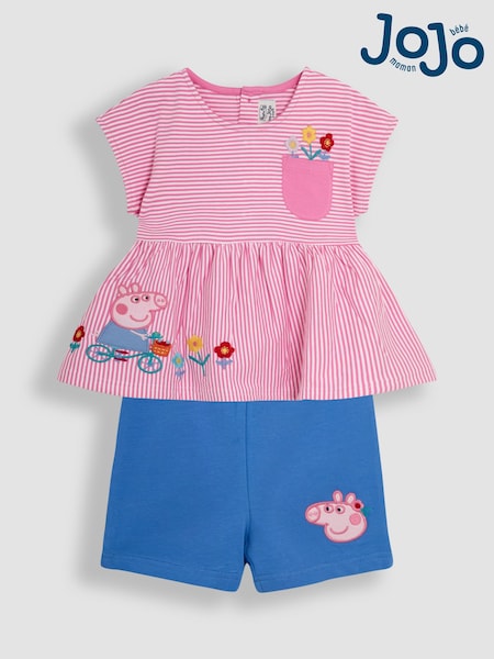 JoJo Maman Bébé Pink Stripe 2-Piece Peppa Pig Appliqué T-Shirt & Shorts Set (AU7926) | €47 - €52