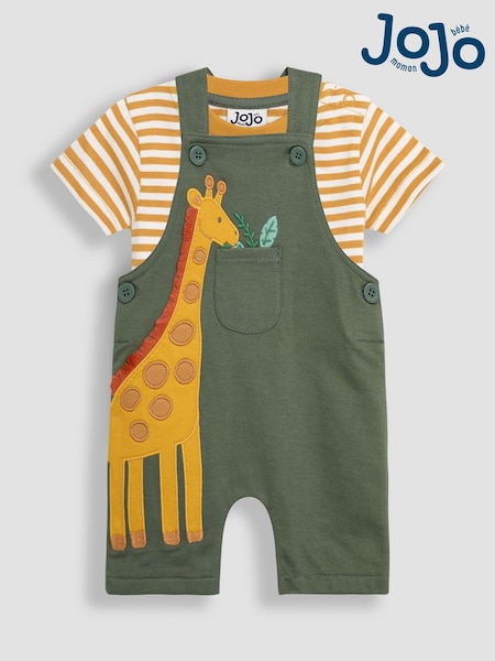 JoJo Maman Bébé Khaki Giraffe 2-Piece Appliqué Dungarees & T-Shirt Set (AU7935) | ₪141 - ₪146
