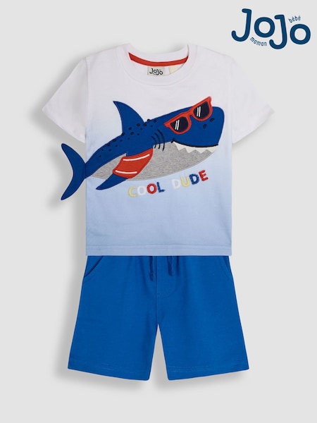JoJo Maman Bébé Blue Shark 2 Piece Appliqué 100% Cotton T-Shirt & Short Set (AU7940) | €35.50 - €39