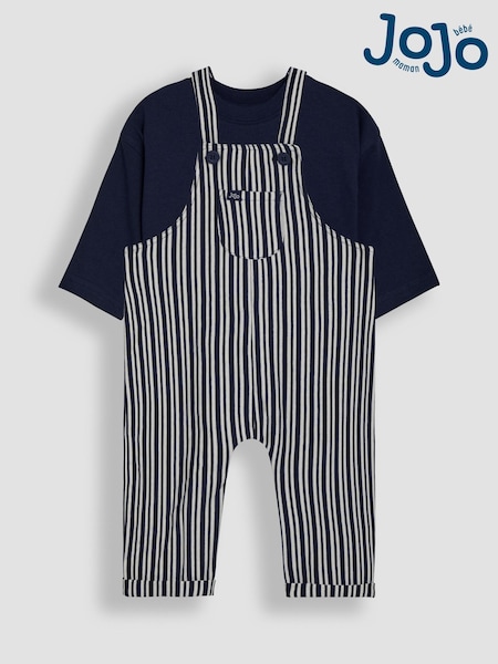 JoJo Maman Bébé Navy Stripe 100% Cotton Dungarees & Top Set (AU7954) | €32.50 - €34