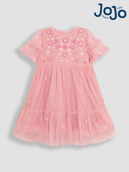 وردي - JoJo Maman Bébé Floral Embroidered Tiered Tulle Party Dress (AU7956) | ‏237 د.إ.‏ - ‏ 275‏ د.إ.