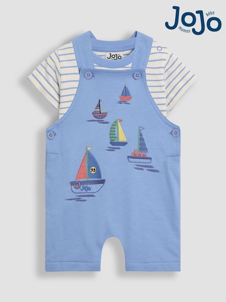 JoJo Maman Bébé Blue Boat 2-Piece Appliqué Dungarees & T-Shirt Set (AU7962) | €47 - €49