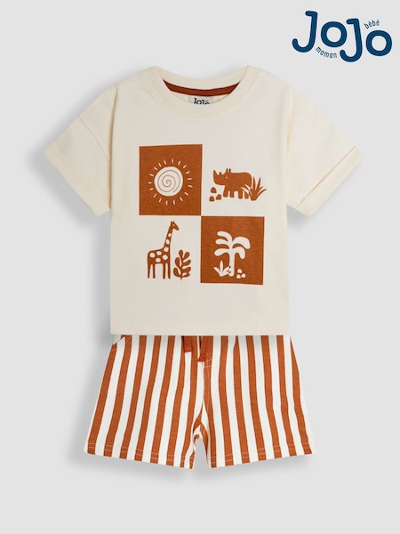 JoJo Maman Bébé Ecru 100% Cotton Prtinted T-Shirt & Shorts Set (AU7969) | €34 - €38