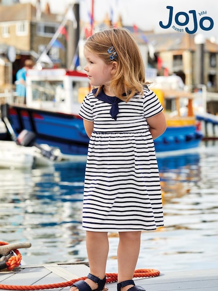 JoJo Maman Bébé White Navy Stripe Short Sleeve Sailor 100% Cotton Dress (AU7979) | $47 - $54