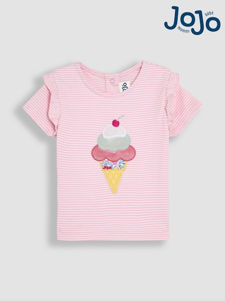 JoJo Maman Bébé Pink Ice Cream Appliqué Frill Shoulder T-Shirt (AU7980) | €26 - €30