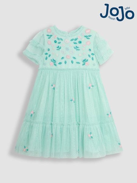أخضر نعناعي - JoJo Maman Bébé Floral Embroidered Tiered Tulle Party Dress (AU7990) | ‏237 د.إ.‏ - ‏ 275‏ د.إ.