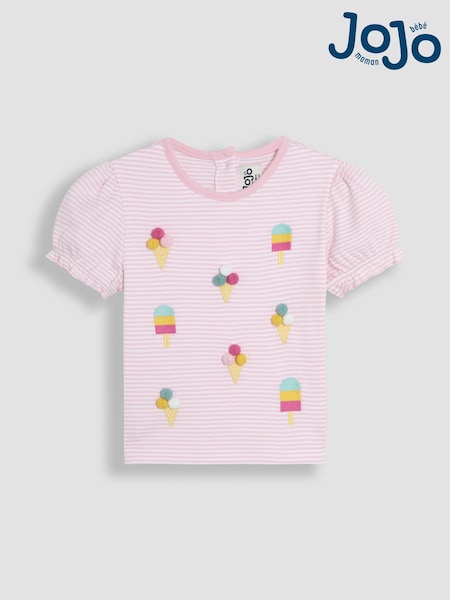 JoJo Maman Bébé Pink Ice Cream Embroidered Puff Sleeve Pom-Pom T-Shirt (AU8006) | €26 - €30