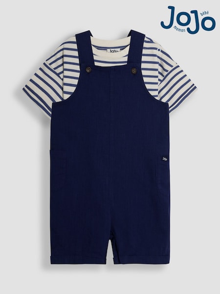 JoJo Maman Bébé Navy 2-Piece Dungarees & Stripe T-Shirt Set (AU8009) | €32.50 - €34