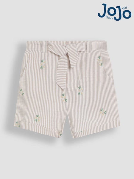 JoJo Maman Bébé Natural Floral Seersucker Embroidered Turn-Up Hem Shorts (AU8030) | R$ 180 - R$ 205