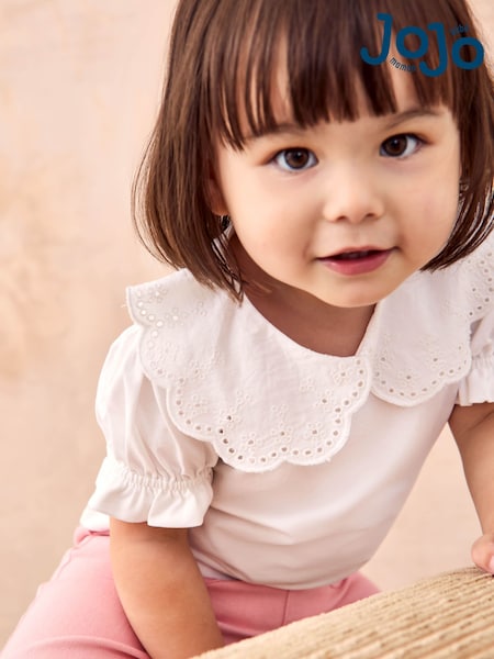 Weiß - JoJo Maman Bébé T-Shirt mit Lochstickerei-Kragen (AU8035) | 21 € - 26 €