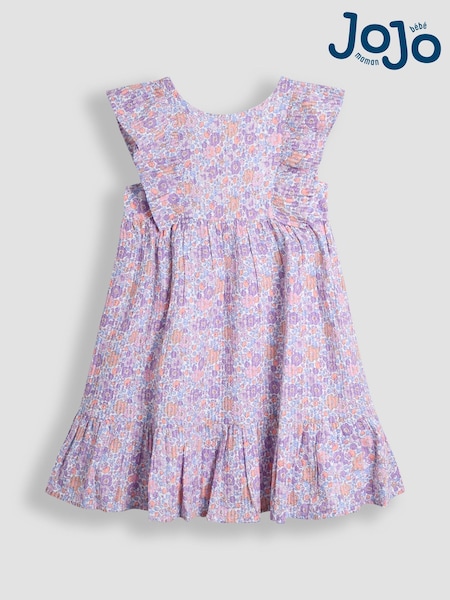 JoJo Maman Bébé Lilac Purple Tropical Frill Back Summer 100% Cotton Dress (AU8036) | kr343 - kr386