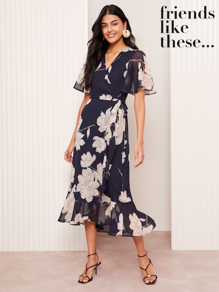 Laivasto Sininen Kukallinen  - Friends Like These Chiffon Mix Flutter Sleeve Wrap Dress (AU8141) | €102