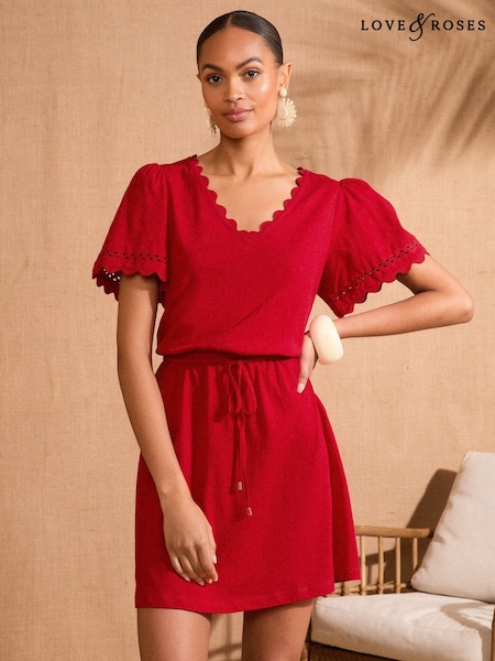 Love & Roses Red Scallop V-Neck Mini 100% Cotton T-Shirt Dress (AU8147) | kr514