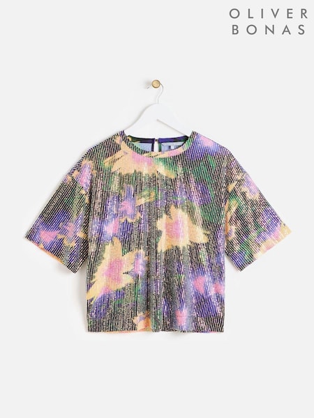 Oliver Bonas Purple Abstract Floral Purple Sequin T-Shirt (AU8218) | € 35