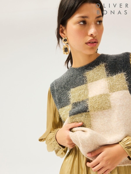 Oliver Bonas Brown Tinsel Geometric Knitted Vest (AU8342) | €16