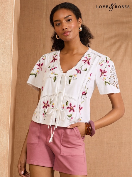 Love & Roses Short Sleeve Embroidered Lace Insert Top (AU8368) | 313 LEI