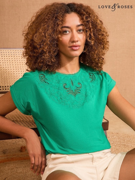Love & Roses Bright Green Embroidered T-Shirt (AU8378) | ₪131